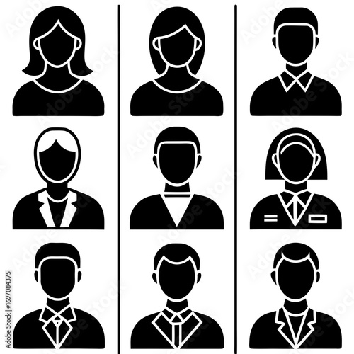Collection of nine black and white silhouette icons representing diverse professional people Keywords: people, silhouette, icon, symbol, graphic, design, illustration, black and white, vector