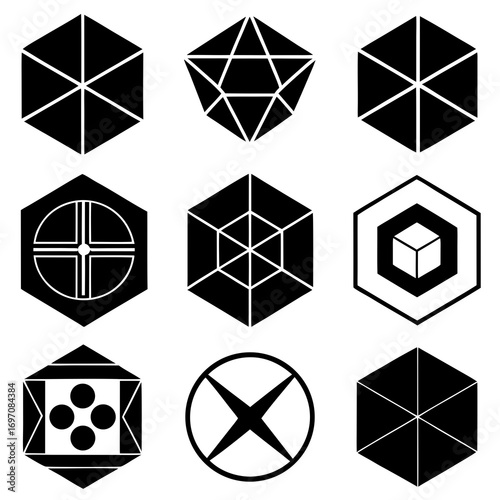 Set of nine black geometric hexagon and abstract shape icons on white background Keywords: geometric, shape, hexagon, abstract, symbol, icon, graphic, design, illustration, black and white, vector