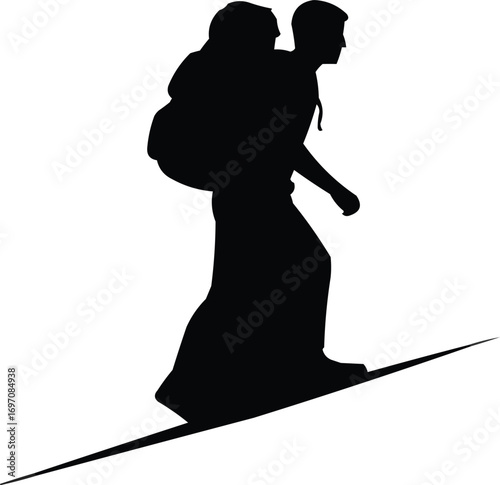 Man Carrying Child on Back Silhouette Climbing HillMan Carrying Child on Back Silhouette Climbing Hill