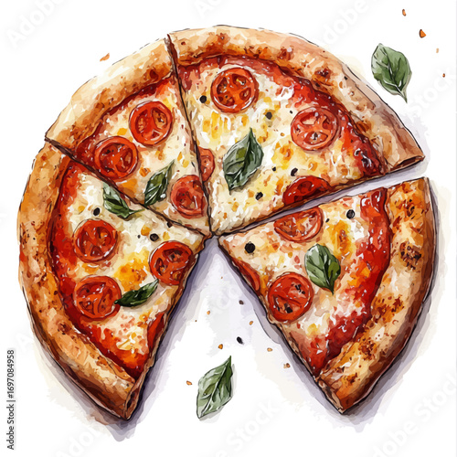 Pizza, watercolor illustration vector, isolated on a white background.
