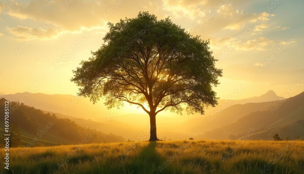 Fototapeta premium Majestic solitary tree stands in golden sunrise light atop grassy hill. Sunbeams pierce through branches, illuminating rolling hills, distant mountains. Serene rural landscape evokes peace, natural