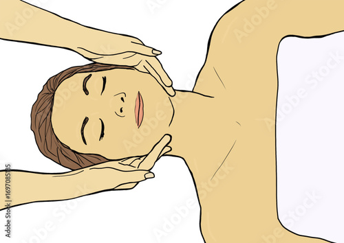Smiling woman with her eyes closed receiving a relaxing neck massage, color image
