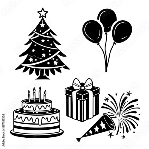 Black and white christmas tree with stars, gift, cake, balloons and party horn vector illustration created with generated ai