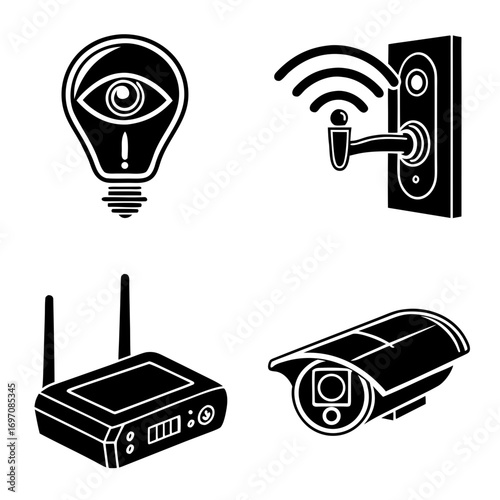 Illustration of a smart home security system with light bulb, door lock, router, and camera icons created with generated ai