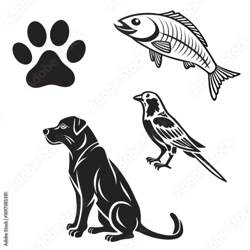 Illustration of a dog, bird, fish skeleton, and paw print in black and white vector format drawing created with generated ai