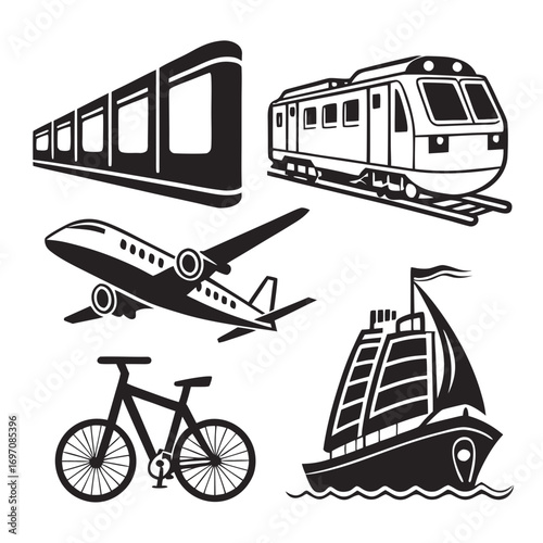 Illustration showing various modes of transportation including trains airplane bicycle and sailboat icons created with generated ai