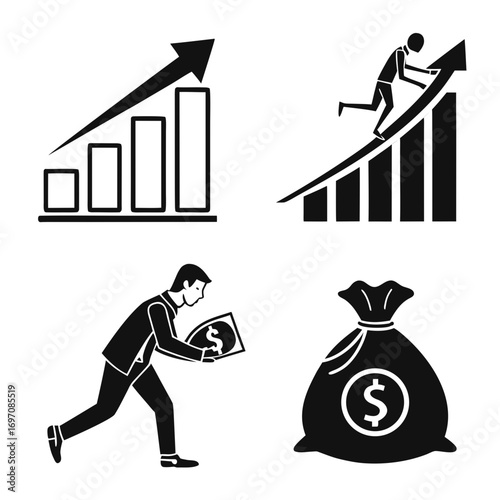 Illustration of business growth with charts, a man climbing, money bag, and a man holding money created with generated ai