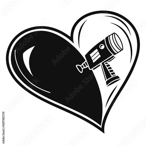 A stylized black heart containing a vintage movie camera in a black and white graphic design style created with generated ai