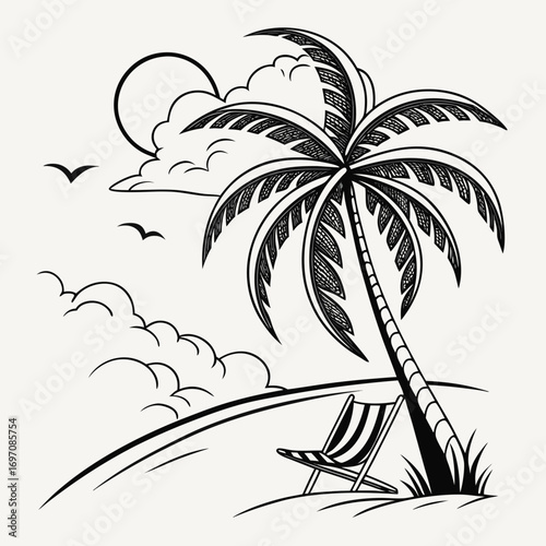Illustration of a palm tree with a beach chair and clouds in a black and white drawing style created with generated ai