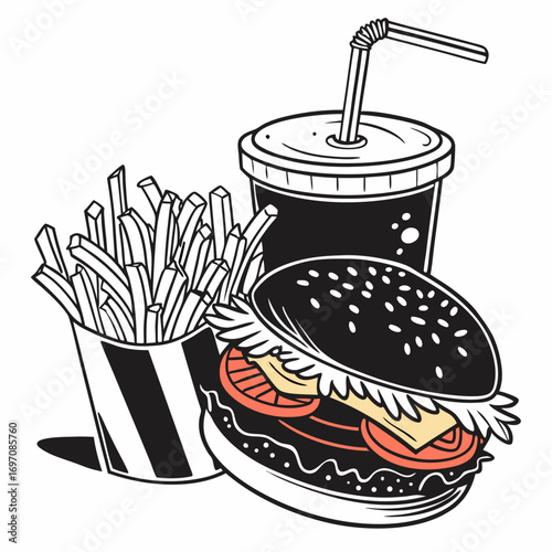 Illustration of a burger with tomato and cheese next to fries and a soda with straw in black and white created with generated ai