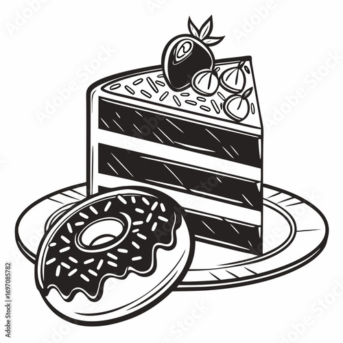 A slice of layered cake with strawberry and donut on a plate in black and white illustration style created with generated ai