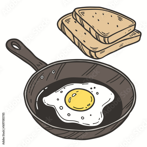 A cartoon image showing a fried egg in a pan with two pieces of toast on a white background image style created with generated ai