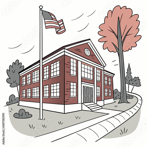 Illustration of a brick school building with an american flag and a tree on a cloudy day outside scene created with generated ai