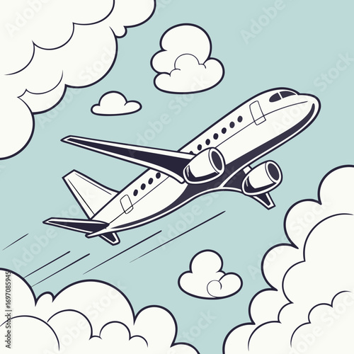 An airplane soars through a sky filled with fluffy white clouds in a cartoon style illustration created with generated ai