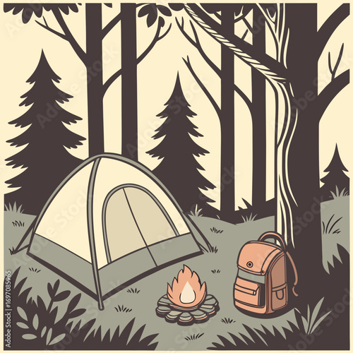 Illustration of a campsite with a tent, campfire, backpack, and trees in a forest setting outdoors created with generated ai