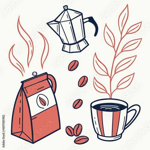 Aesthetic coffee themed illustration with coffee pot, beans, bag, cup and plant branch design element created with generated ai