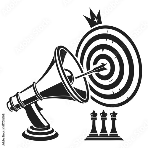 A black and white illustration of a megaphone pointing at a target with chess pieces below it created with generated ai