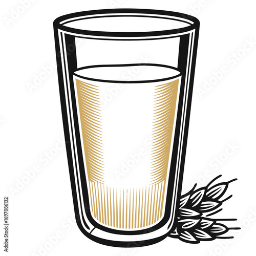 Beer glass with pale liquid and hops illustration  