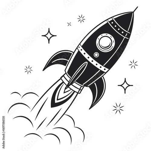 Illustration of a black and white rocket ship launching with stars and smoke on a white background created with generated ai