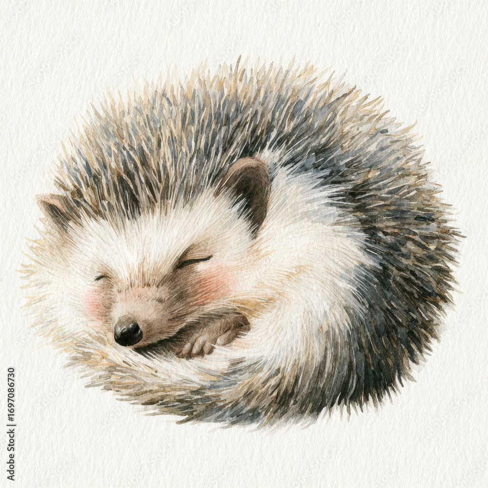 Fototapeta premium Watercolor hedgehog curled up with soft grey brown shades and blush cheeks on clean white background in gentle illustration style