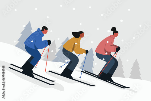 Friends skiing downhill on snowy mountain slope, winter sport activity with people in colorful jackets using ski poles and equipment, outdoor adventure holiday scene. Flat vector illustration