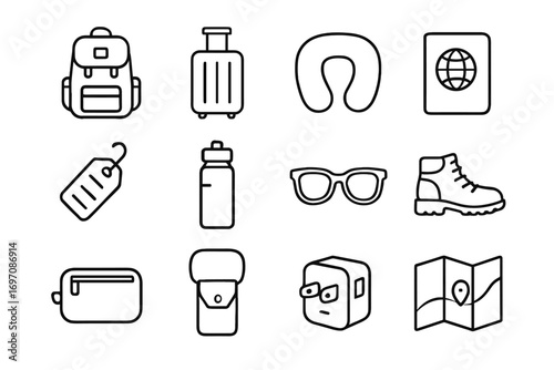 Vector icon travel map sunglasses neck icons pillow gear pouch bottle water