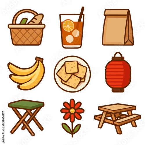 Icon lantern picnic banana folding essentials plate table vector meadow icons wicker