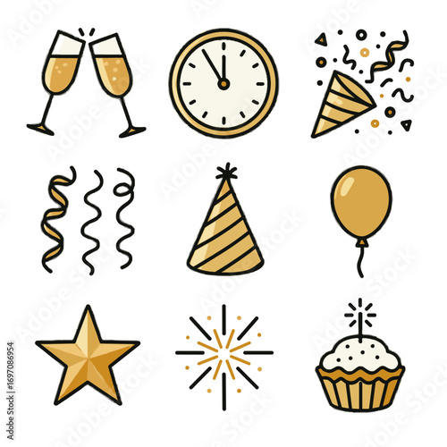 Popper fireworks festive champagne ribbons icon icons vector countdown year new star