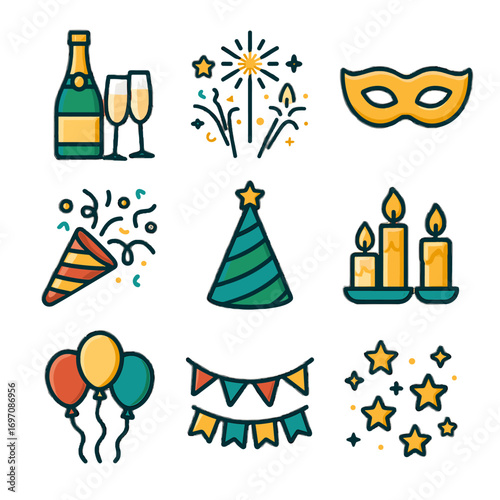 New icons vector sparkling year candles mask garland icon festive glasses balloon