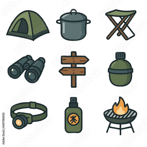 Icon cooking signpost canteen headlamp stool trail grill vector essentials icons water