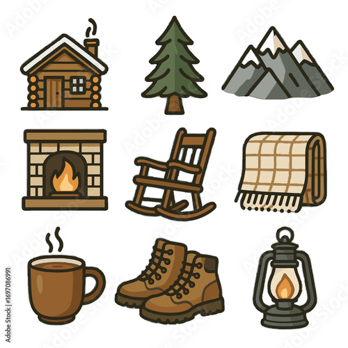 Vector icon rocking wooden mountain icons wool pine hot blanket lantern retreat