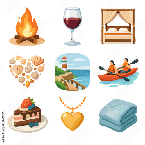 Soft icons dessert red bonfire kayak romantic escape icon wine plate coastal