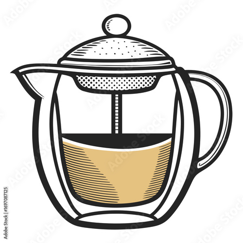 Glass tea kettle with infuser and brewed tea inside  