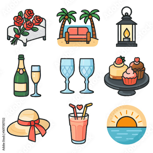 Bouquet getaway vacation icons icon romantic champagne vector rose sweet crystal glasses