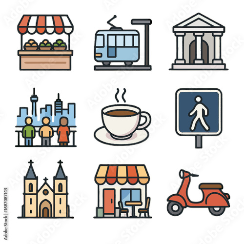 Skyline icon vector small pedestrian fresh sightseeing collection icons city stop entrance