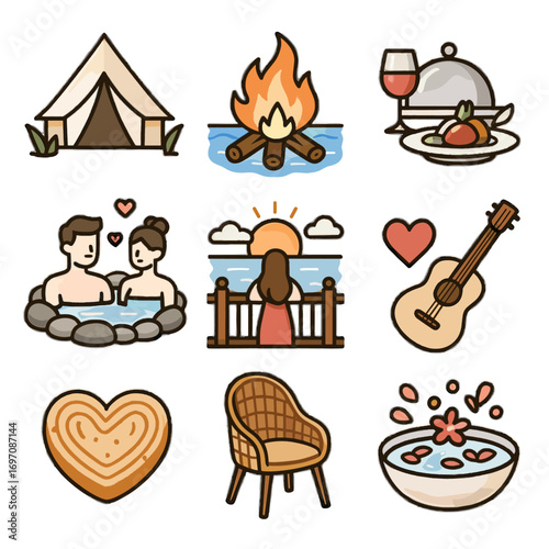 Romantic tent serenade icons pastry hot water spring vector gourmet icon sunrise