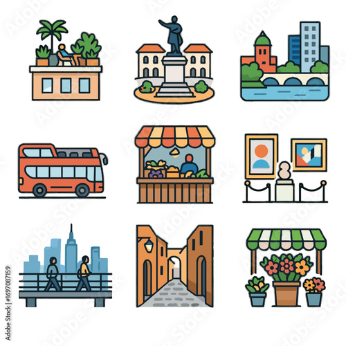 Bus bouquet alley city vector icons tour gallery old collection evening icon