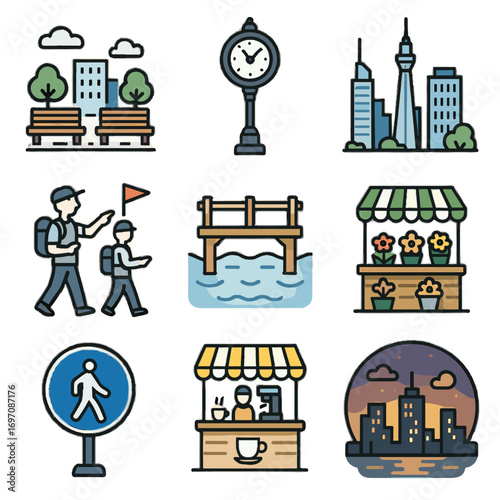 Sign skyline icon guided break benches city coffee public dock vector icons