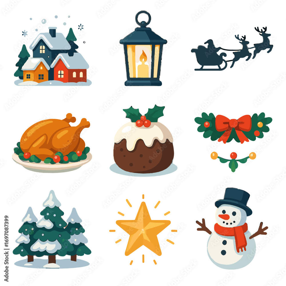 Fototapeta premium Garland candle icon pine christmas decoration snowy icons festive vector silhouette village