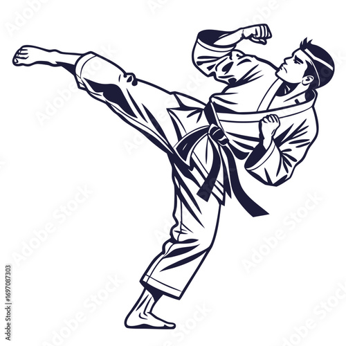 Black and White Illustration of a Karate Fighter Executing a High Kick martial arts