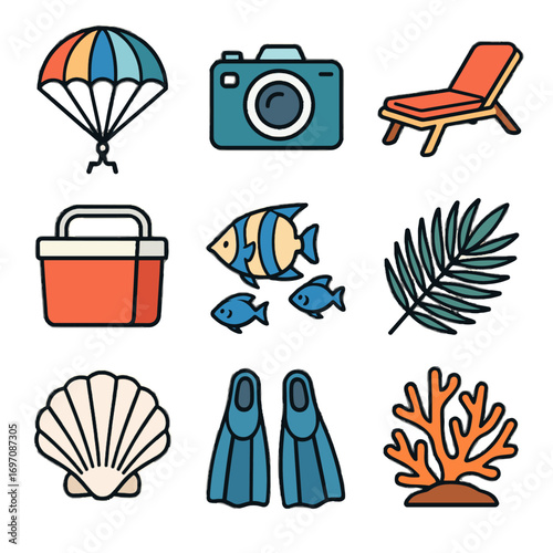 Clam sun icons cooler tropical underwater reef fan parasailing vector vacation shell