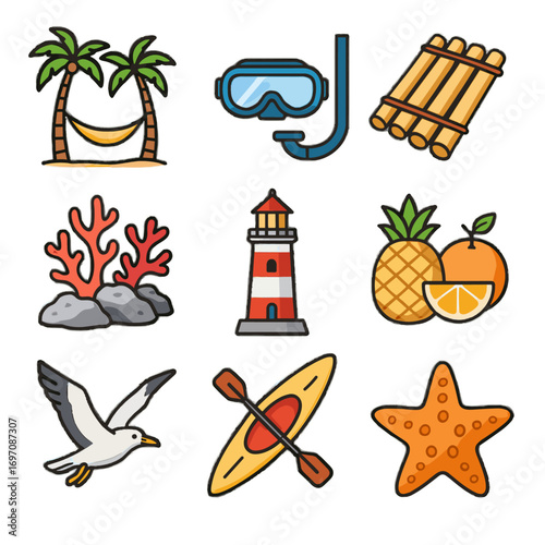 Kayak icon gear icons vacation vector coral star tropical fruit sea lighthouse