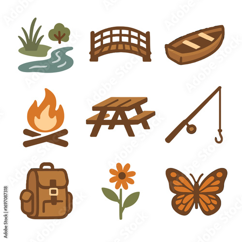 Wildflower butterfly icon countryside bridge picnic riverbank rowboat set backpack campfire vector