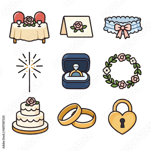 Collection sparkler icon garter engagement reception cake love flower icons card wedding