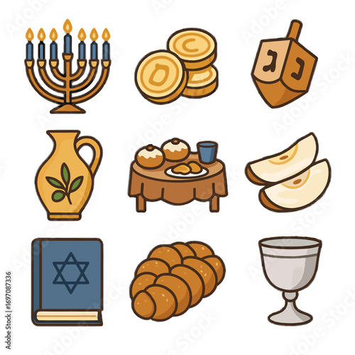 Letters cup apple table bottle icon vector set slices hanukkah menorah traditional