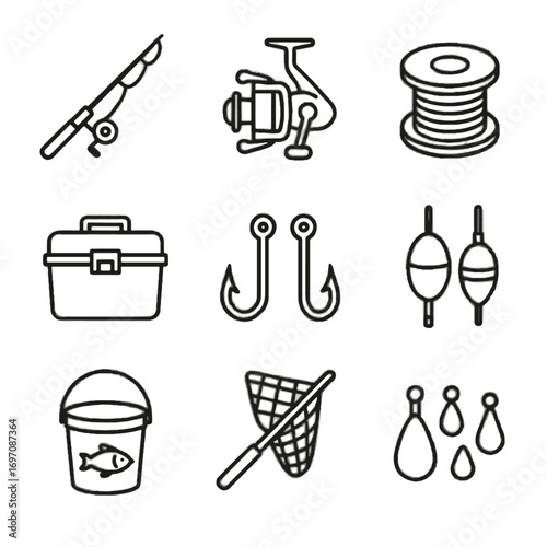 Bucket icon gear icons bait spinning fishing tackle bobbers vector reel net