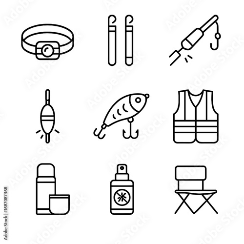 Night headlamp tip vest gear float chair fishing sticks folding icon vector