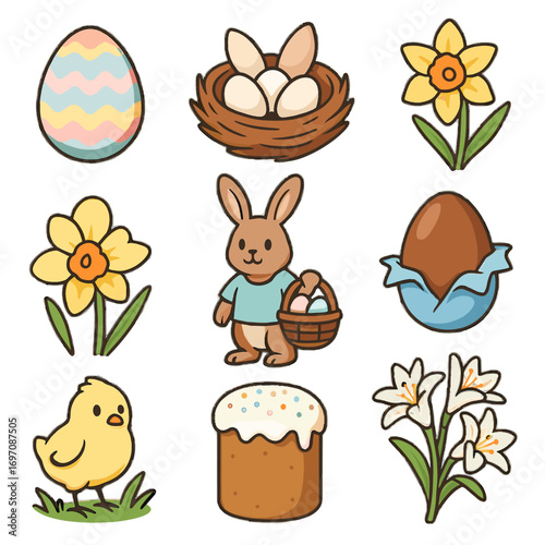 Easter icon basket nest ribbon lily traditional holding patterned vector set egg