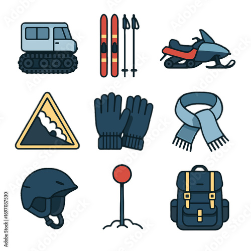 Icons wool sign snowcat pole vector ski avalanche icon holiday backpack marker