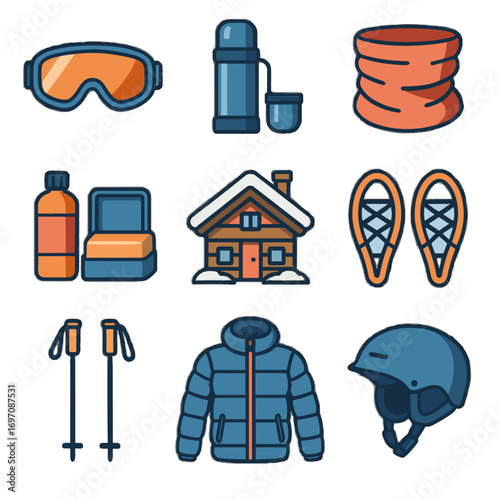 Jacket essentials alpine snow kit insulated flask icon ski vector helmet holiday